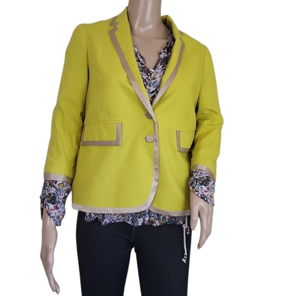 Robert Rodriguez Yellow Silk Blazer Beige Trim Size 2